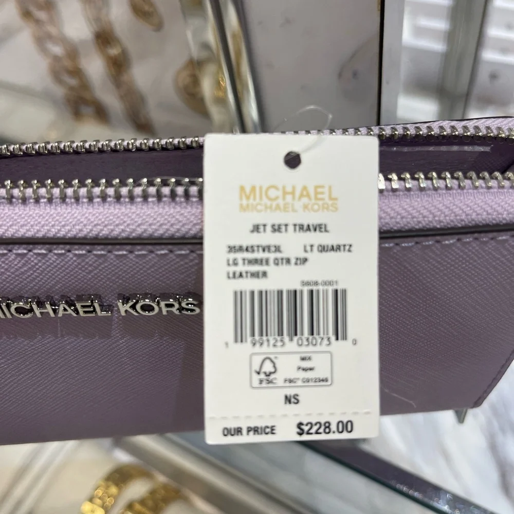 MICHAEL KORS Jet Set Travel Lg Saffiano Leather Quarter-Zip Wallet Lt Quartz NWT